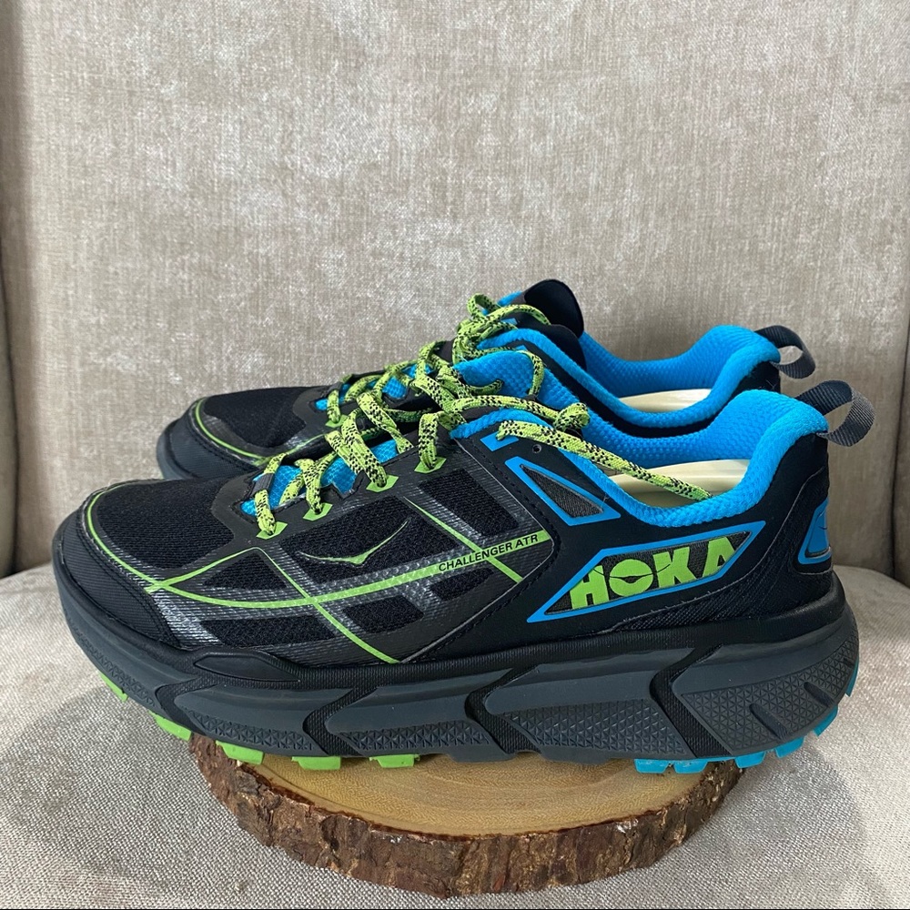 Hoka One One Black with Blue and Neon Green Trail Shoes